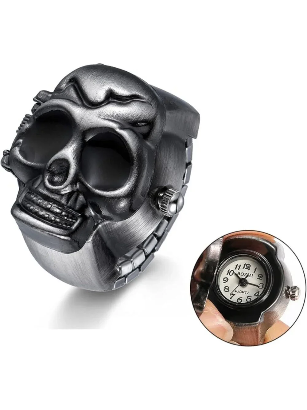 Unisex Black Analog Quartz Punk Skull Flip-Open Adjustable Finger Ring Watch